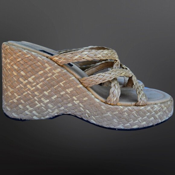 Vintage 90s Y2K Beige Chunky Platform Wedge Sandals Heels Size 10 Raffia Woven - Picture 5 of 9